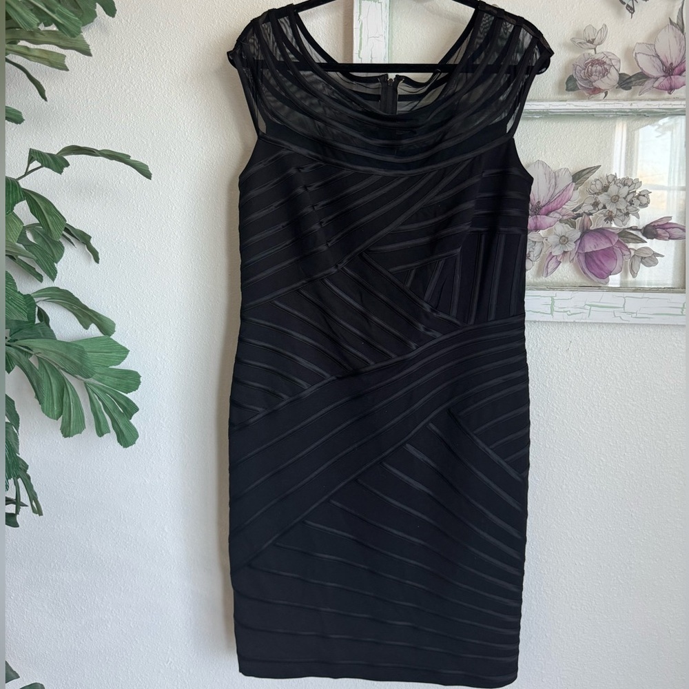Tadashi Shoji Black Striped Sheath Midi Dress with Mesh Yoke